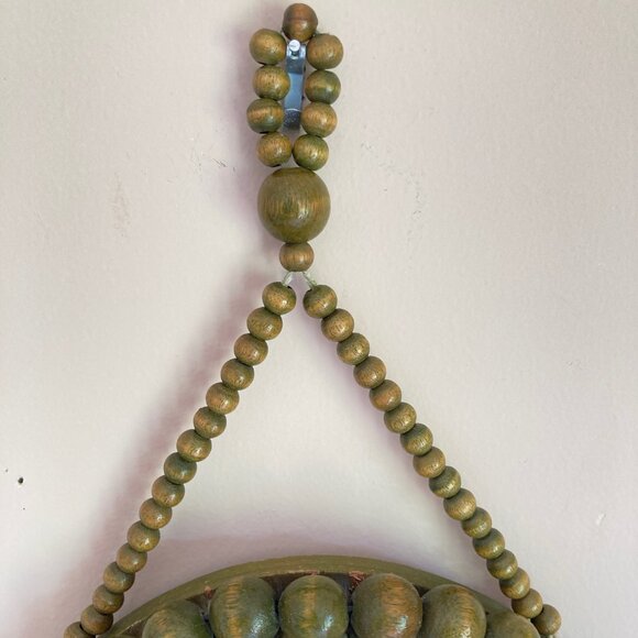 VTG Green Wooden Beads Tassels Frame Oval Mirror Boho Wall Hanging Cottagecore - Picture 3 of 17